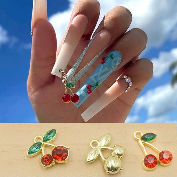 

nail art decorations 10pcs cherry dangle 3d red cherries nails glitter rhinestone piercing charms loops press on tips acrylic jewelry, Silver;gold