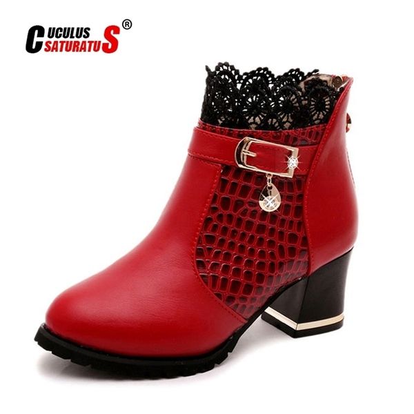 Cuculus Autunno Inverno Pizzo Moda Scarpe tacco alto Donna Stivali Caviglia Casual Ladies Boot Metal Red 1037 211105