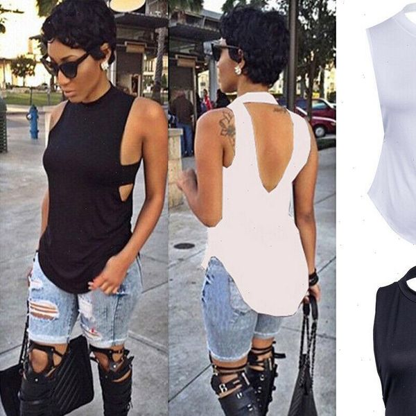 

fashion women summer loose vest sleeveless casual tank t shirt female casual backless hollow out tanks, White