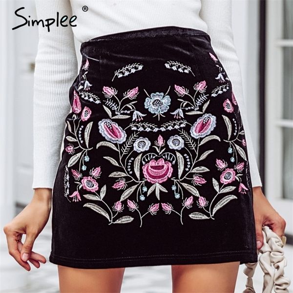 Simplee Stickerei Hohe Taille Röcke Damen Boden Vintage Kurzer Boho Stil Chic Bleistiftrock Weiblicher Herbst Sexy Minirock 210315