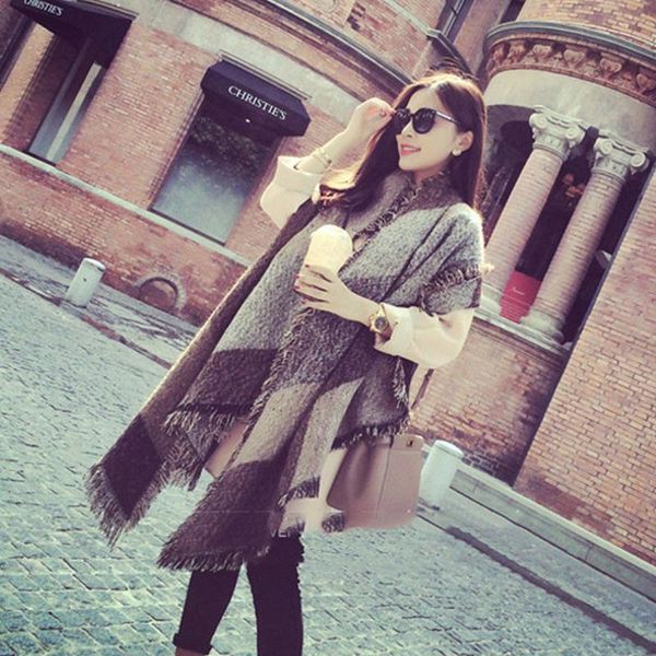 

scarves manyue-co fashion pashmina women scarf thickening warm winter plaid shawl reversible cape wrap blanket poncho, Blue;gray