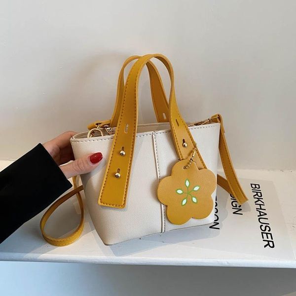 

evening bags pu leather flower strap bucket bag for women 2021 ladies patchwork crossbody fashion rivet designer handle purse and handbag