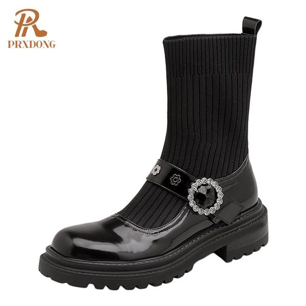 

boots autumn sock japanese style women genuine leather thick heel shoes platform casual dress black girls female ankle 39