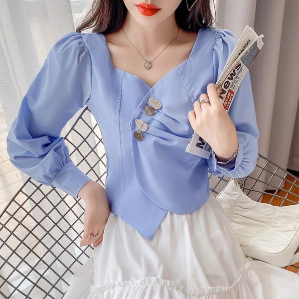 

women's t-shirt 2021 autumn french square collar elegant irregular shirt long sleeve design sense short top, White