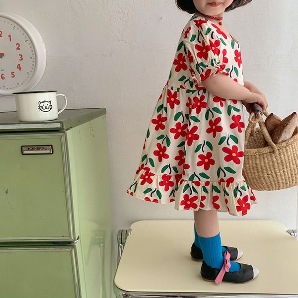 

children clothing summer girls clothes baby girls dresses v-neck floral ruffle dress a-line dresses, Red;yellow