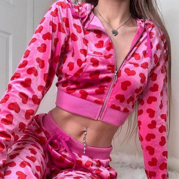 

women's two piece pants pink heart printed velour women vintage sport fitness 2 set long sweatpants drawstring tracksuit gym lounge wea, White