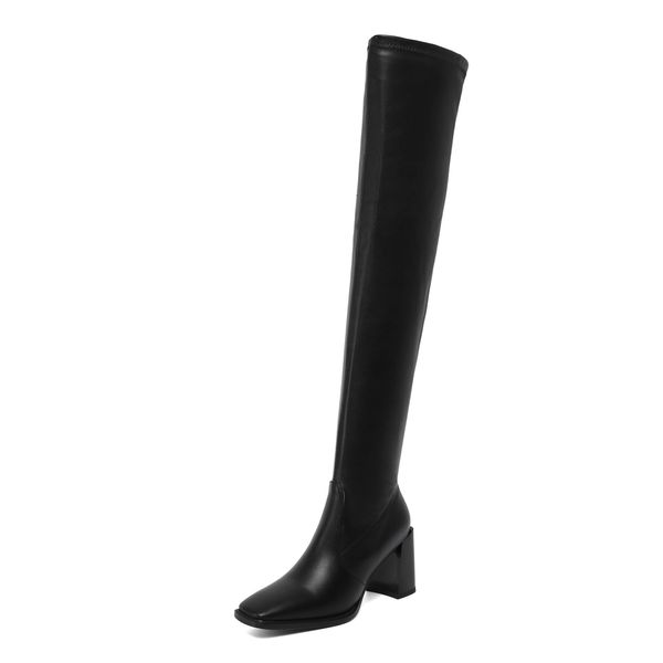 

square toe high heels on the knee stretch side zipper profiled heel leather boots and optional plutonium sewing shoes t79f, Black