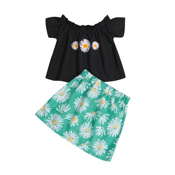 

clothing sets 2 pieces kids suit set, summer daisy print boat neck short sleeve pullover+ a-line skirt for toddler, White