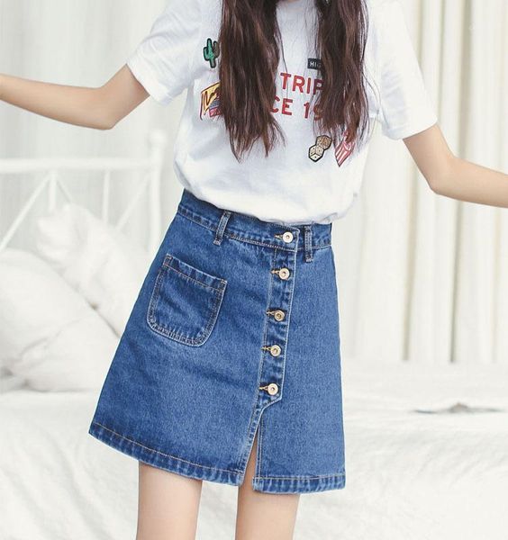 

skirts real s high waist button denim a word female bag hip thin skirt, Black