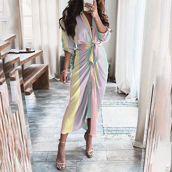 

casual dresses women's summer slim boho long sleeve v-neck button print party dress 2021 autunm ladies pleated split tie-up, Black;gray