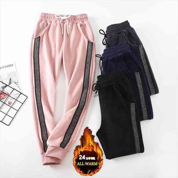 

velvet pants with stripes women winter warm pants women thick warm pantalon femme loose striped trousers winter sweatpants, Black;white