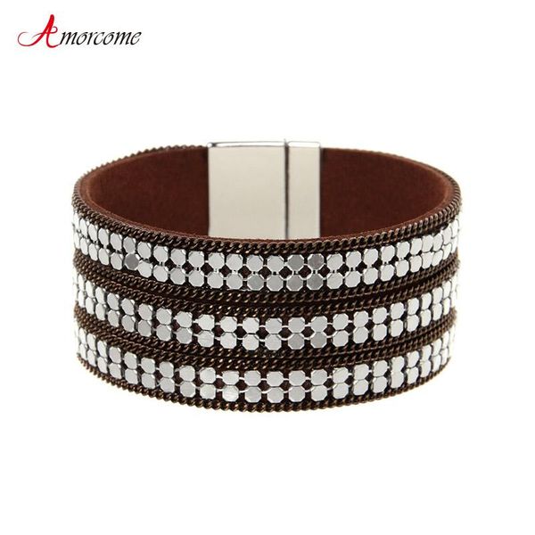 

tennis amorcome europe fashion wide cuff bracelets ethnic metal chains leather wrap bangles bohemian wrist jewelry gift for women girls, Golden;silver