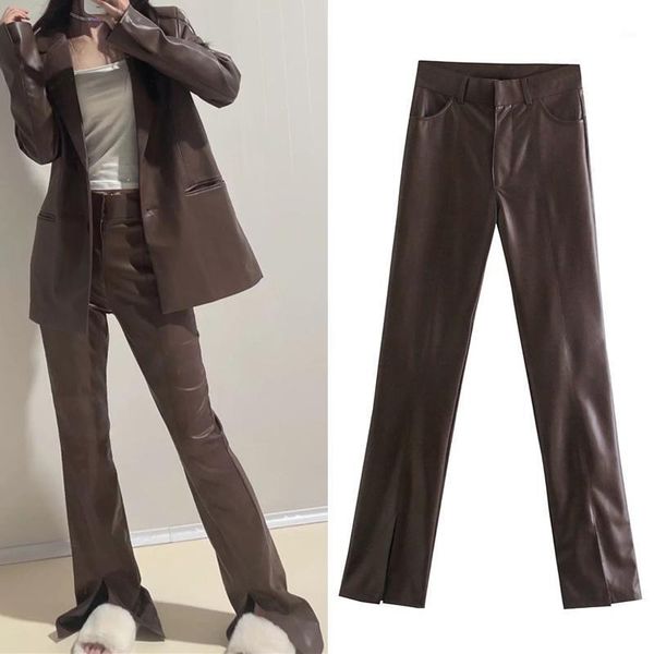 

women's pants & capris women's za 2022 faux leather for women high waist brown with slits vintage streetwear woman trousers autumn, Black;white