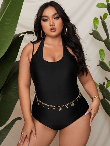 

plus plain cut out one piece swimsuit s0wl#, Black