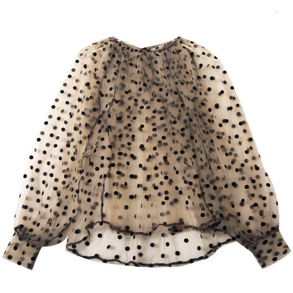

women embroidery lace flower lantern sleeve pullover polka dot voile basic shirt new autumn winter long sleeve o neck mesh gauze blouse, White