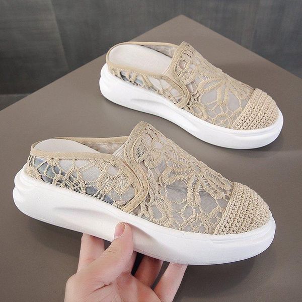 

slippers fretwork heels female shoes low women summer slides fashion cover toe platform loafers 2021 luxury rome cotton fabric r, Black