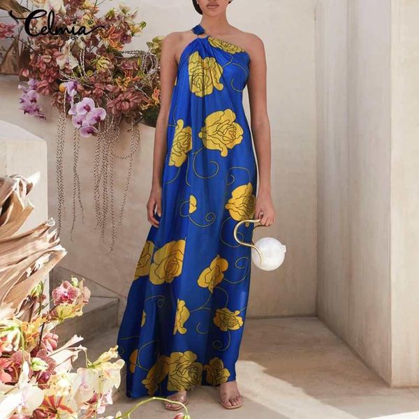 

casual dresses backless summer dress celmia 2021 women bohemian one shoulder sleeveless floral print maxi a-line vestidos, Black;gray