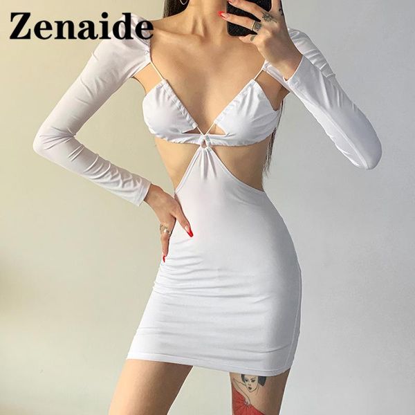 

casual dresses zenaide cut out bodycon mini dress 2021 autumn white black y2k backless bandage long sleeve women party club, Black;gray