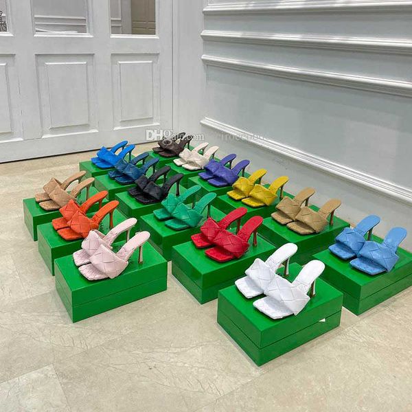 

classic women high heels lido sandals slippers ladies wed slides square mules summer slipper woven leather party 9cm sandal shoes, Black