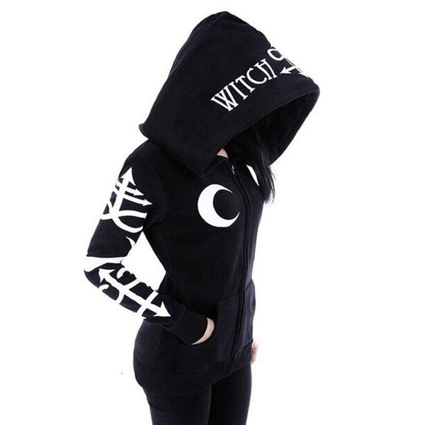 

1 color 5 size punk style women hoodies gothic moon letters printed sweatshirts kpop clothing long sleeve zipper jacket coat, Black