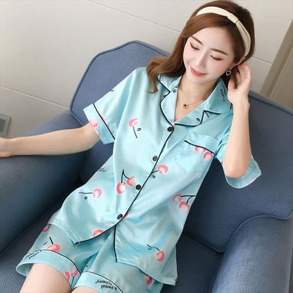 

pajamas summer short sleeved womens sleepwears thin ice silk two piece home service printed for women bedroom set, Black;red