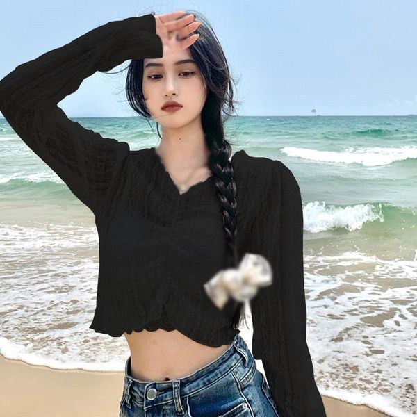 

women's t-shirt women hollow out see-through t-shirts sun protection shirts long sleeve, White