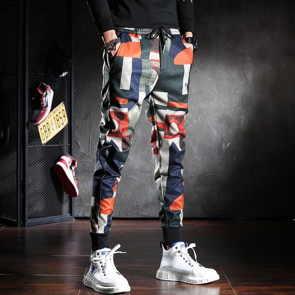 

geometric colorful casual fashion pants men autumn winter slim stretch printed joggers trousers, Black