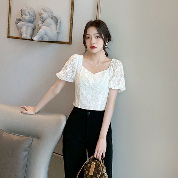 

mode woman summer shirt square collar shirt lace short sleeve chiffon women's shirts and nf04, Black