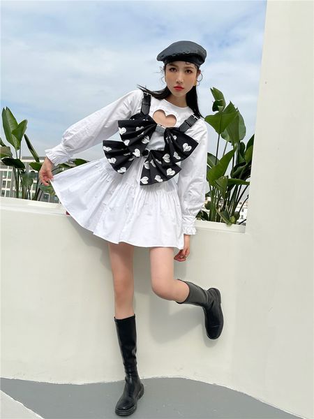

new white heart hollow out long women tunic ruffle sleeve mini kawai designer spring 2021 tbeh, Black;gray