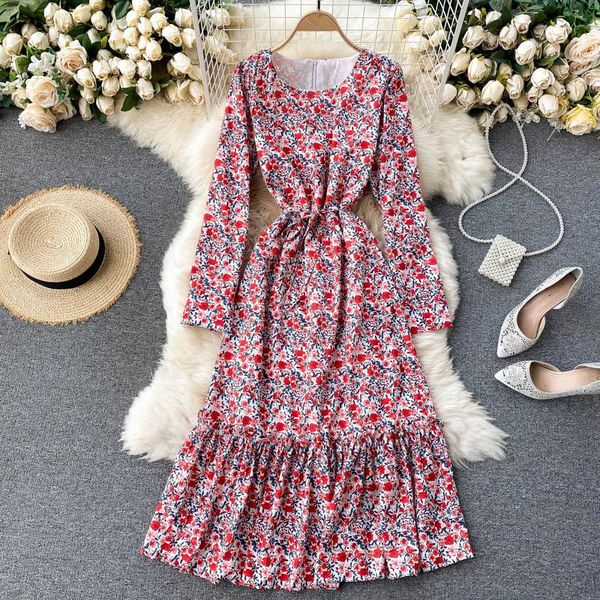

foamlina women long dress autumn fashion o-neck full sleeve elegant floral dress 2021 vintage boho ruffles party holiday, Black;gray