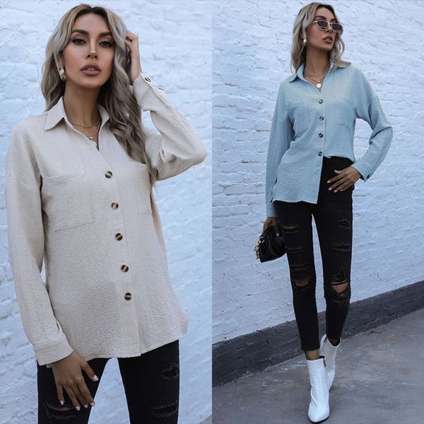 

2021 spring new cardigan blue long sve solid lapel shirt women's medium length, White