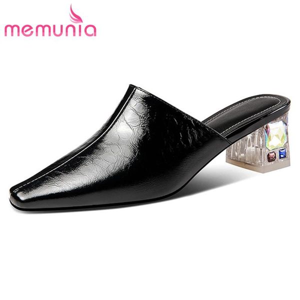 

memunia 2021 women slipper patent leather square toe crystal heel fashion casual party shoes summer slipper woman, Black