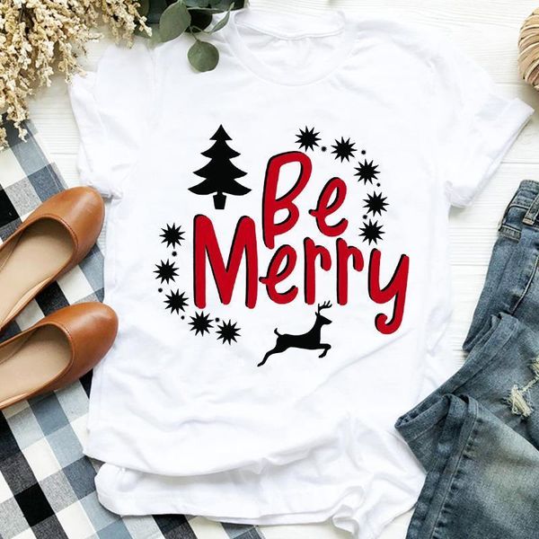 

women printing short sleeve letter winter printing merry christmas clothes ladies graphic printed tee tshirt female t-shirt, White