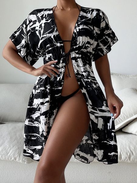 

allover graphic drawstring kimono i2s1#, White;black