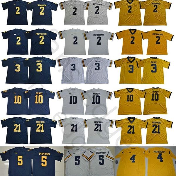 

michigan wolverines college 2 charles woodson shea patterson 4 jim harbaugh 5 jabrill peppers 21 desmond howard 10 tom brady football jersey, Black
