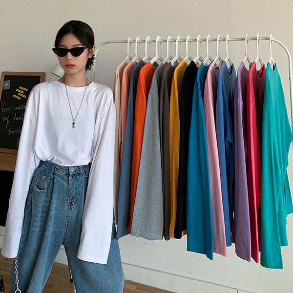 

tees women's t-shirtcotton long sleeve t-shirt spring 2021 korean ins loose and versatile solid color bottomed shirt fashion, White