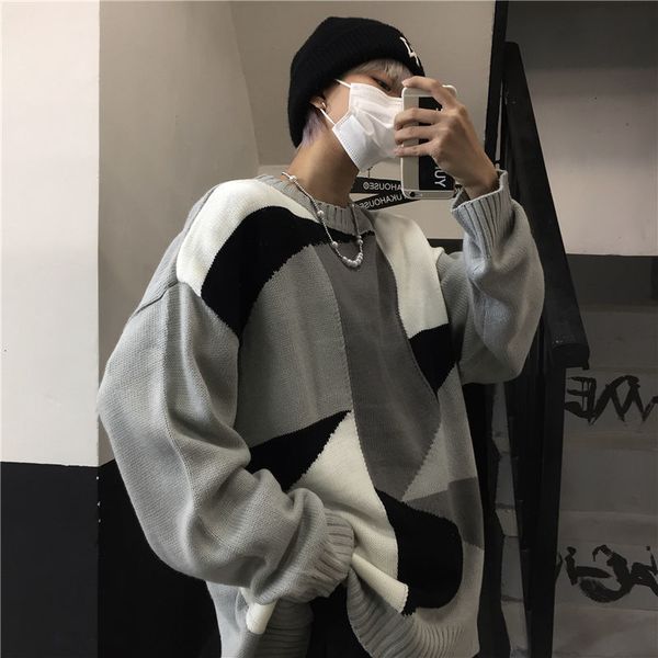 

2021 sweater men's warm fashion hit color casual retro knitted pullover men wild autumn winter sweaters mens -xl a3tf, White;black