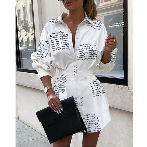 

casual dresses women shirt dress turn- down neck long sleeve blouse button printed loose mini, Black;gray