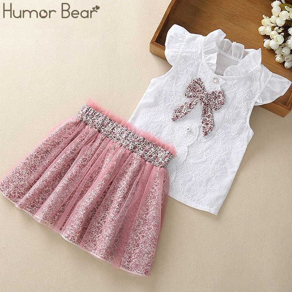 Humor Urso Bebé Roupas Quente Verão Novos Crianças Bay Roupas Criança Chiffon Bowknot T-shirt + Pants Girls 'Conjuntos de roupas 3-7Y X0902