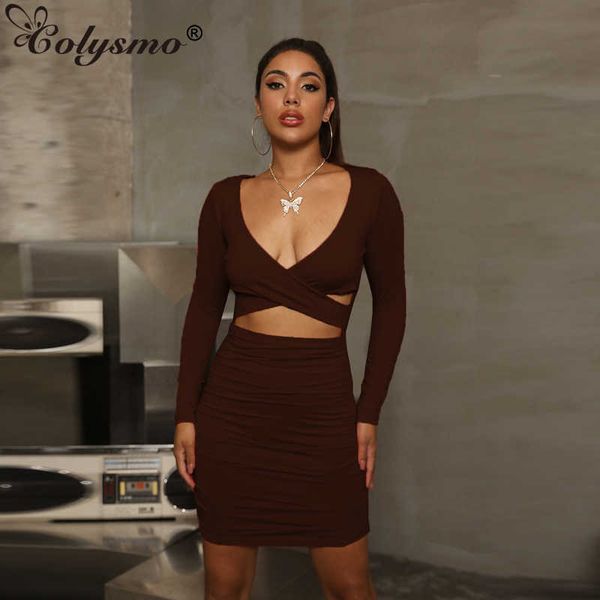 

colysmo long sleeve dress cut out slim fit ruffles fall dresses for women black vestidos party high waist robe 210527, Black;gray