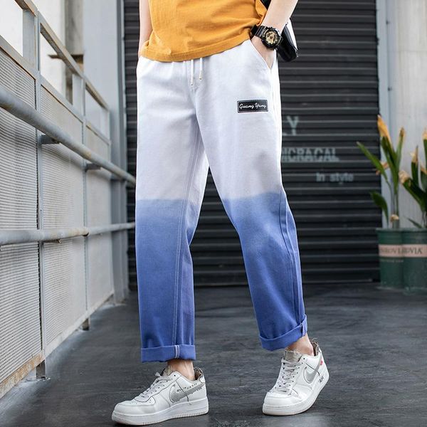 

men's jeans summer men 2021 fashion gradient color drawstring casual denim pants male streetwear baggy trousers, Blue