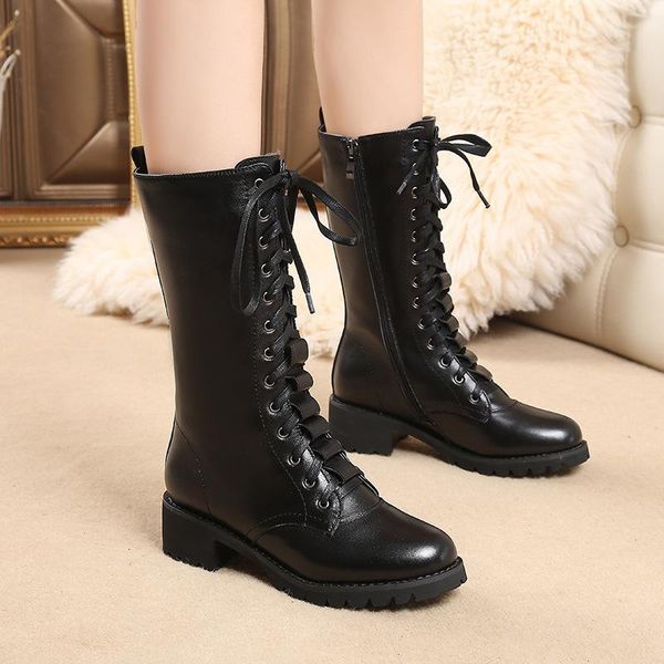 

boots high round women's thick british fashion lace heel toe short, Black
