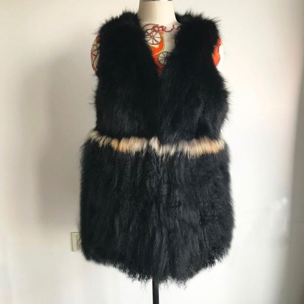 

women's fur & faux mongolia sheep beach wool vest long curl one women winter plush circle coat with real raccoon gilet tsr442, Black