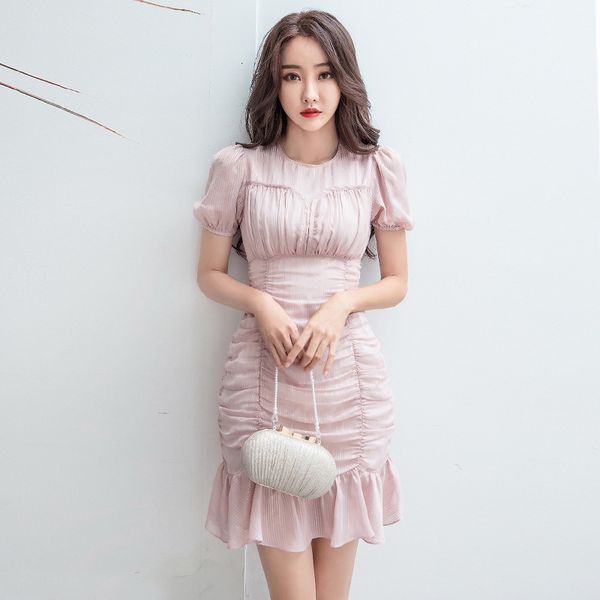 

new arrival fashion mini women elegant summer o-neck short sleeve temperament sweet fresh pink chiffon mermaid dress bqru, White;black