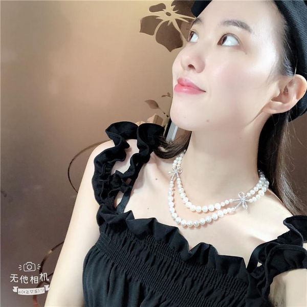 

chains hand knotted 2strands 5-6-7-8-9mm white freshwater pearl micro inlay zircon accessories sweater necklace long 45-48cm, Silver