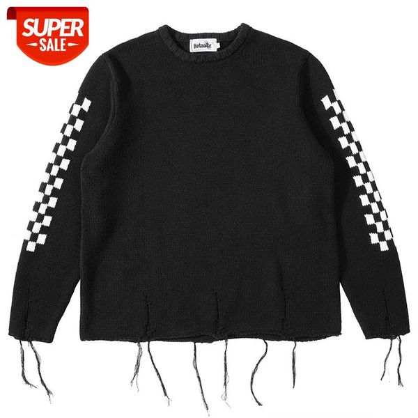 

white black plaid color match round neck sweaters men and women oversize pullover casual hip hop baggy loose sweaters #2n2o