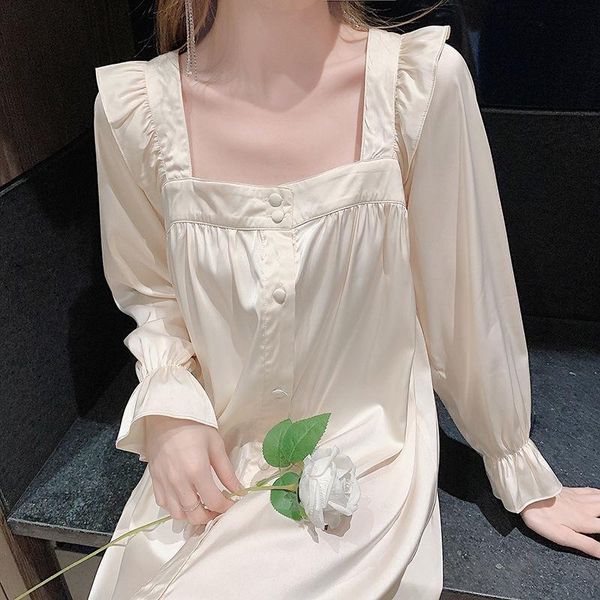 

women's sleepwear houzhou nightwear women apricot pink girls nightgown nightdress button flared sleeves spring autumn home dress sleeps, Black;red