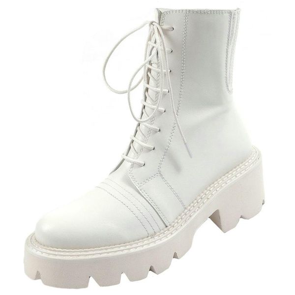 

boots cross tied chunky high heels platform woman 2021 winter autumn genuine leather ankle retro working motorcycle, Black
