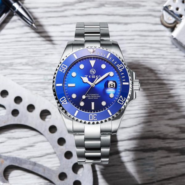 

wristwatches tesen mens watch original design automatic mechanical 43mm sports stainless steel luminous diving, Slivery;brown