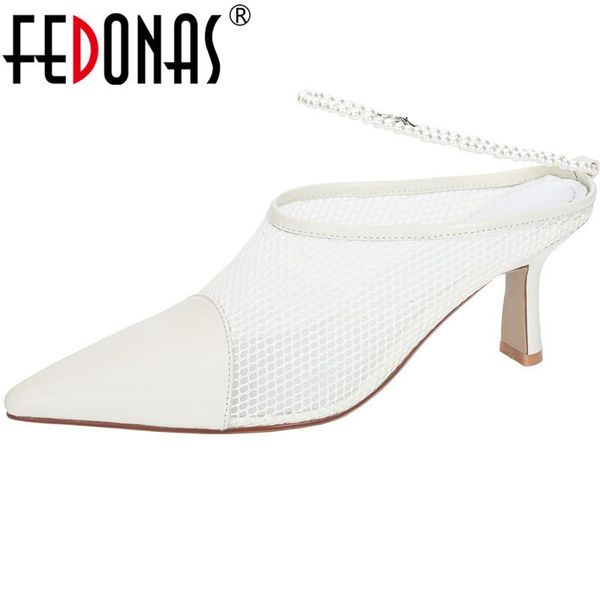

dress shoes fedonas elegant pointed toe woman heels spring summer high pumps 2021 est genuine leather wedding women mules, Black